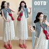 Korean Style Maternity Two-Piece Set: Lace Patchwork Denim Vest with Polka Dot Camisole Dress