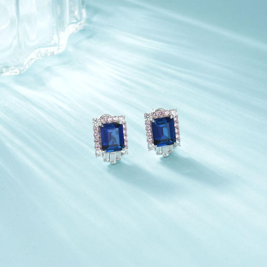 Zhou Hengfu S925 Sterling Silver Rectangular Sapphire Earrings for Women - Elegant Light Luxury Fashion.