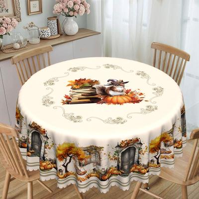 Mori Tablecloth, Autumn Squirrel Pumpkin Pastoral Print, Waterproof And Oil-Proof Round And Rectangular Tablecloth