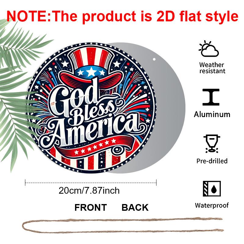 2D Flat, 1pc Round Aluminum Hanging Sign - "God Bless America" Patriotic Metal Wall Art, Uncle Sam Hat & Fireworks Design, Perfect for 4th of July