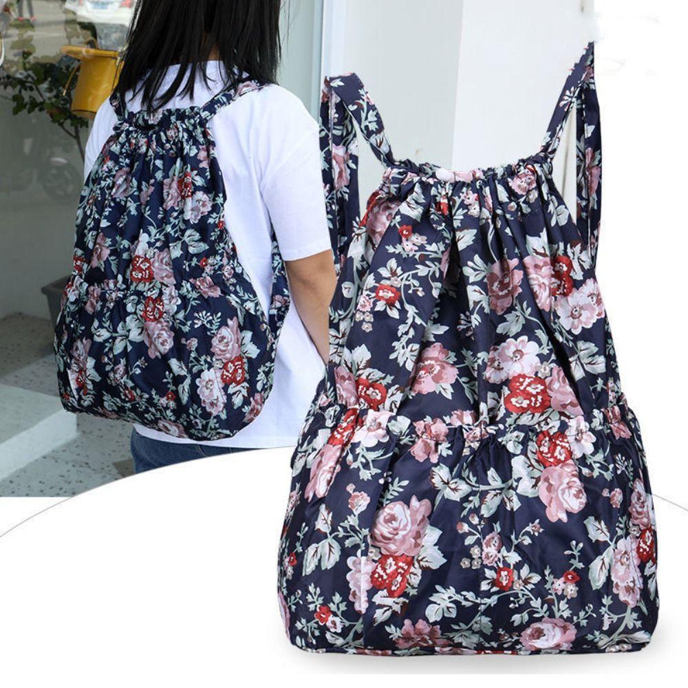 Versatile Floral Printed Drawstring Bag Polyester Waterproof Backpacks Lightweight Large Capacity Portable Shopping Bag Ladies
