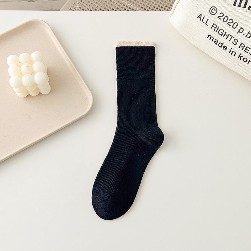 Spring and Summer Thin Lace Pile Socks, Color-blocking Mid-calf Socks, Versatile Flanged Socks, Women's Cotton Socks