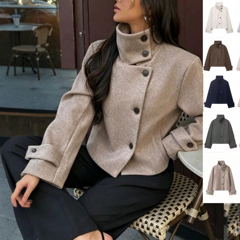 Damen Vintage Stehkragen Jacke Freizeit Unifarben Oberbekleidung Herbst Winter Kleine Frauen