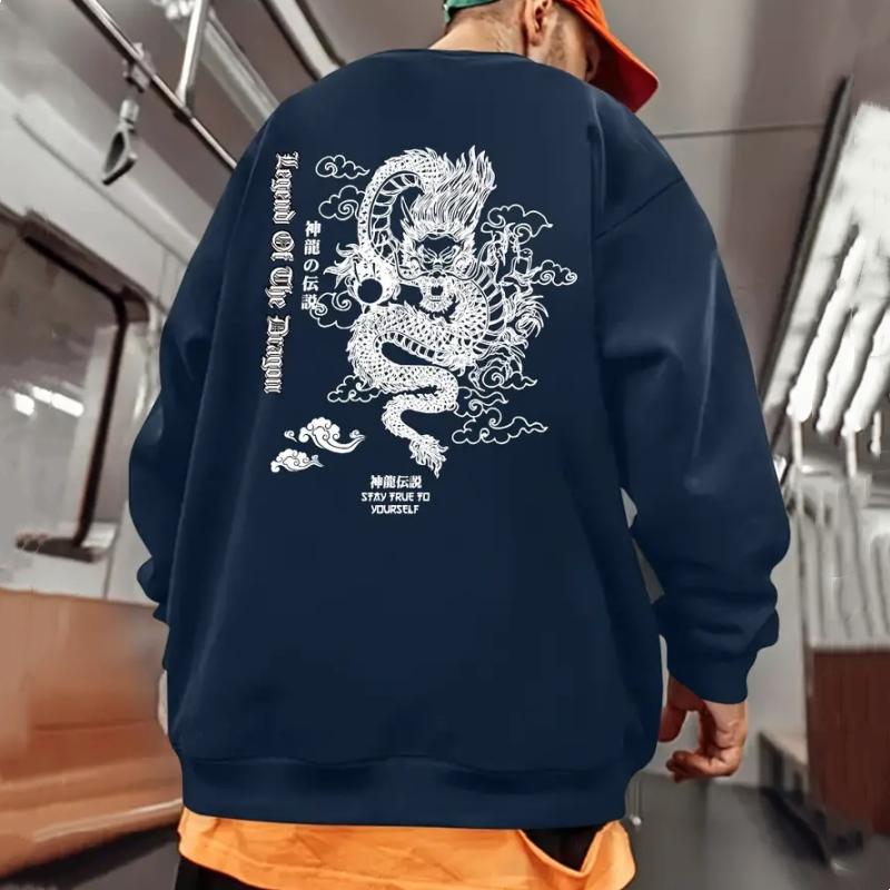 Autumn Men's Sweatshirts Dragon Pattern Print Oversized Long Sleeve T-Shirts For Men Hoodies Pullover Street Fashion Man Clothes