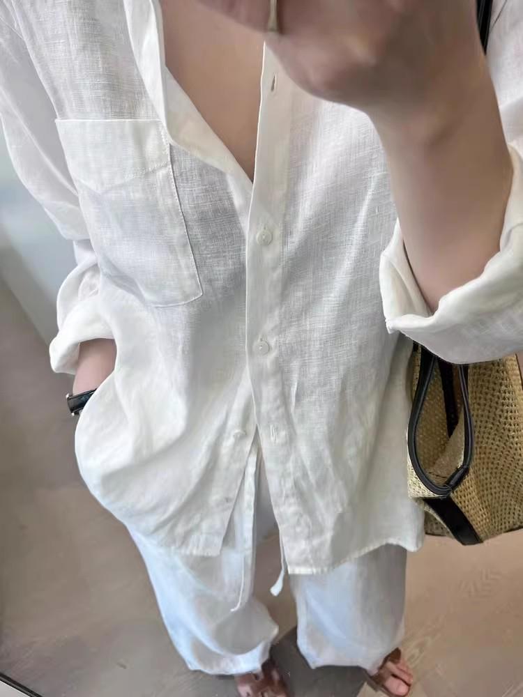 Women's Early Autumn White Linen High-End Long Sleeve Shirt - Slimming, Loose Fit, Cotton-Linen Blend