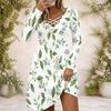 Women Criss Cross V Neck Long Sleeve Floral Printed Dress White Green Curved Hem