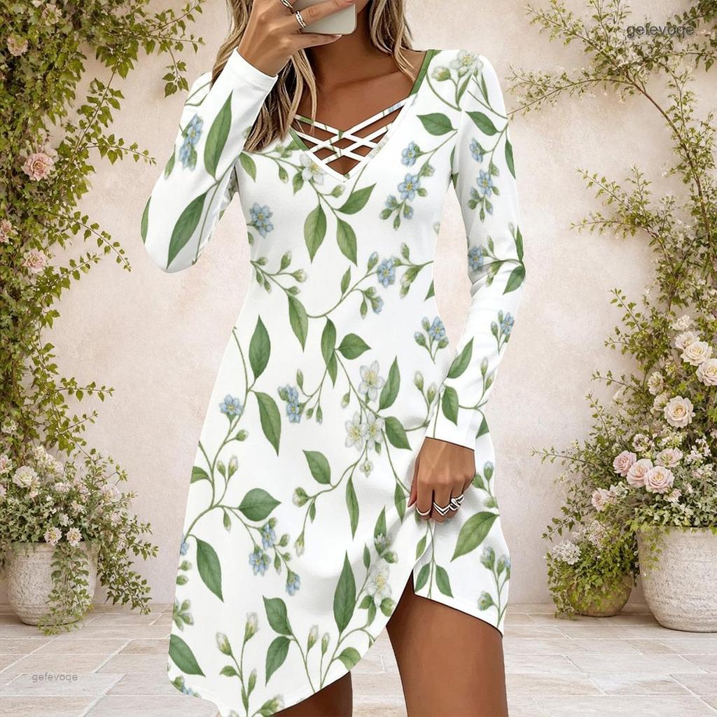 Women Criss Cross V Neck Long Sleeve Floral Printed Dress White Green Curved Hem