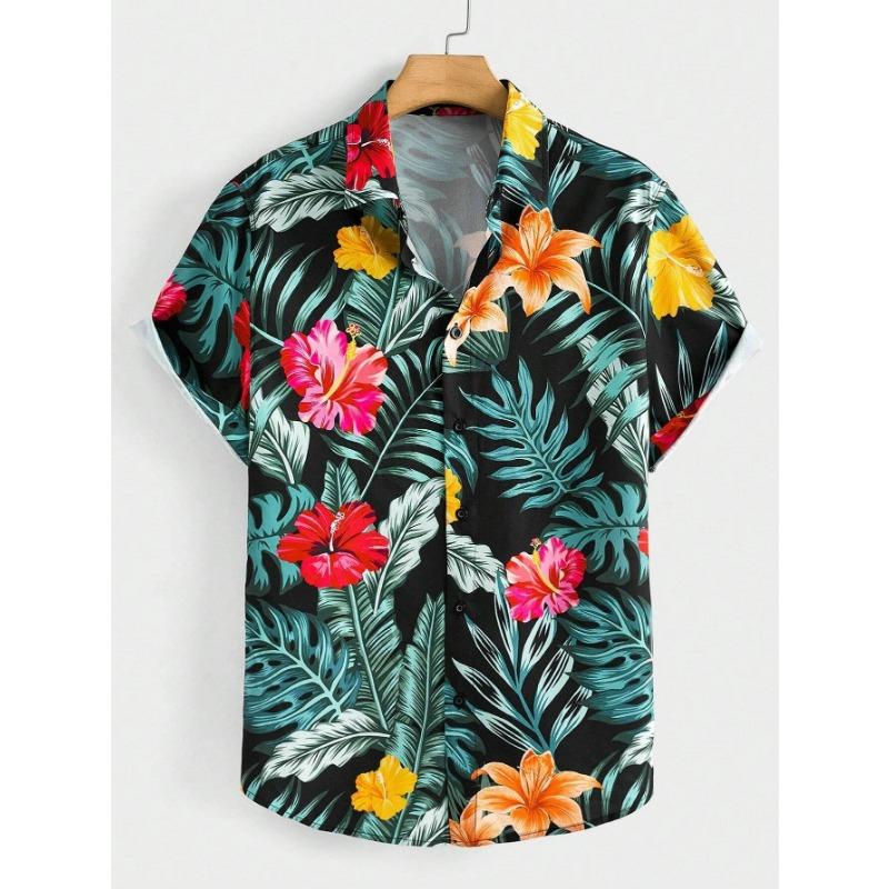 Hawaiian Botanical Flower Print Men's and Women's Short Sleeve Lapel Seaside Button-Down Shirt Top Casual Fashionable Shirts