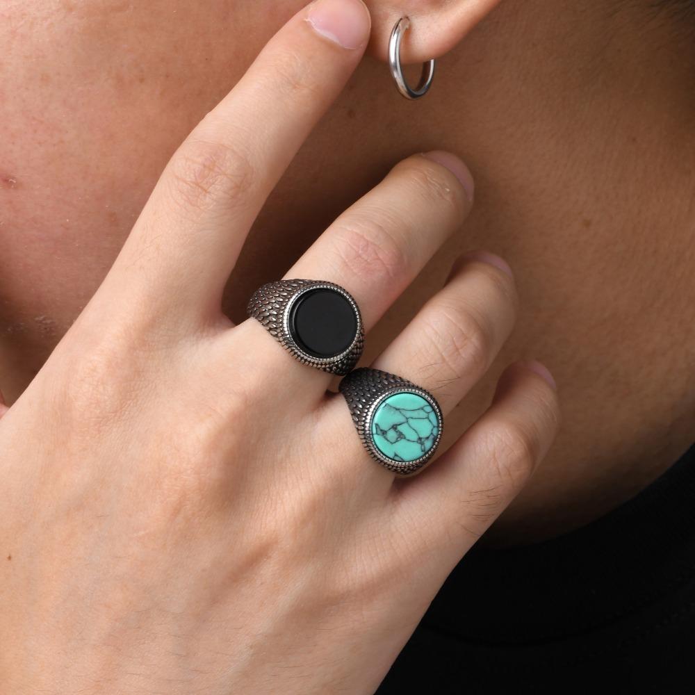 Mens Black Onyx Turquoise Signet Ring Stainless Steel Elegant Unisex Jewelry Accessory