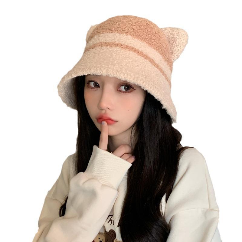 Hat Female Cute Bear Two-color Splicing Bucket Hat Winter Warm Show Washbasin Hat Thick