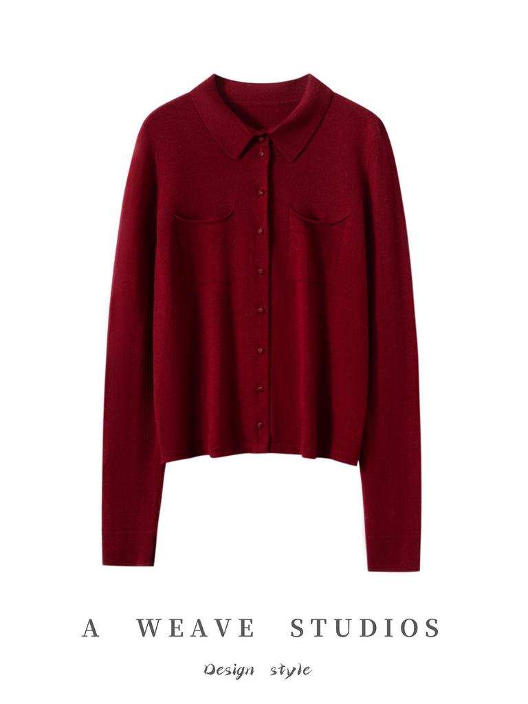 Autumn/Winter Women's Pure Wool Polo Collar Knit Cardigan