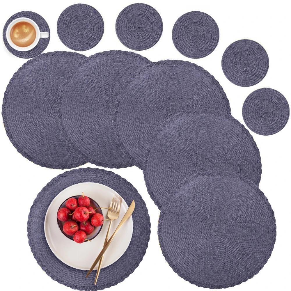 6Pcs Round Table Mat and Cup Coasters Set Woven Ramie Placemats Anti Slip Dining Placemats Non-Slip Tableware Bowl Pads Kitchen