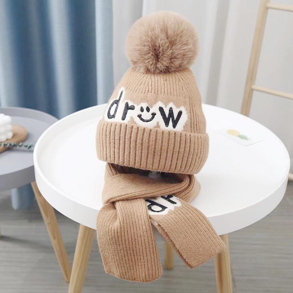 Autumn and winter children's hat boy bear wool hat girl knitted cotton warm baby hat scarf two-piece set