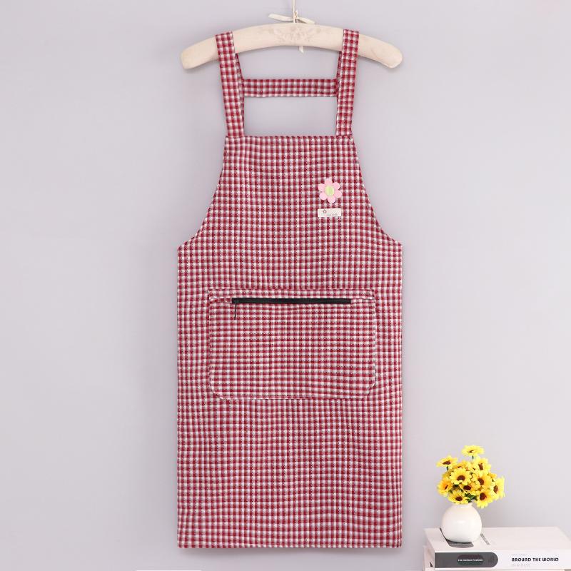 Cotton Plaid Kitchen Apron Large Storage Pocket Cute Flower Design For Home Cooking Baking Cleaning