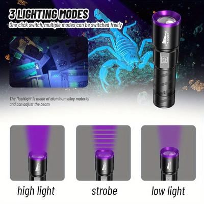 פנס UV 395NM נטען פנס זום UV 3 מצבים פנסים אולטרה סגולים לקמפינג לגילוי פלואורסנטי של כתמי חיות מחמד
