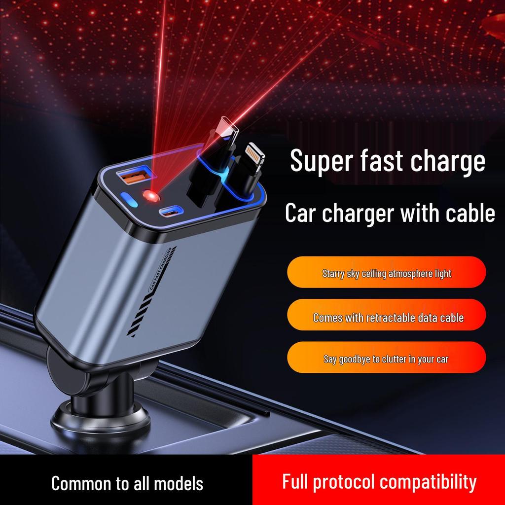Starry Sky Ceiling Projector Car Charger with Retractable Multi-Device Cable and Super Fast Charging