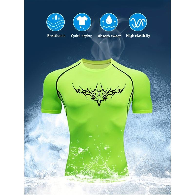 Men's Black Tribal Print Compression T-Shirt, Quick Dry Breathable Athletic Workout Top