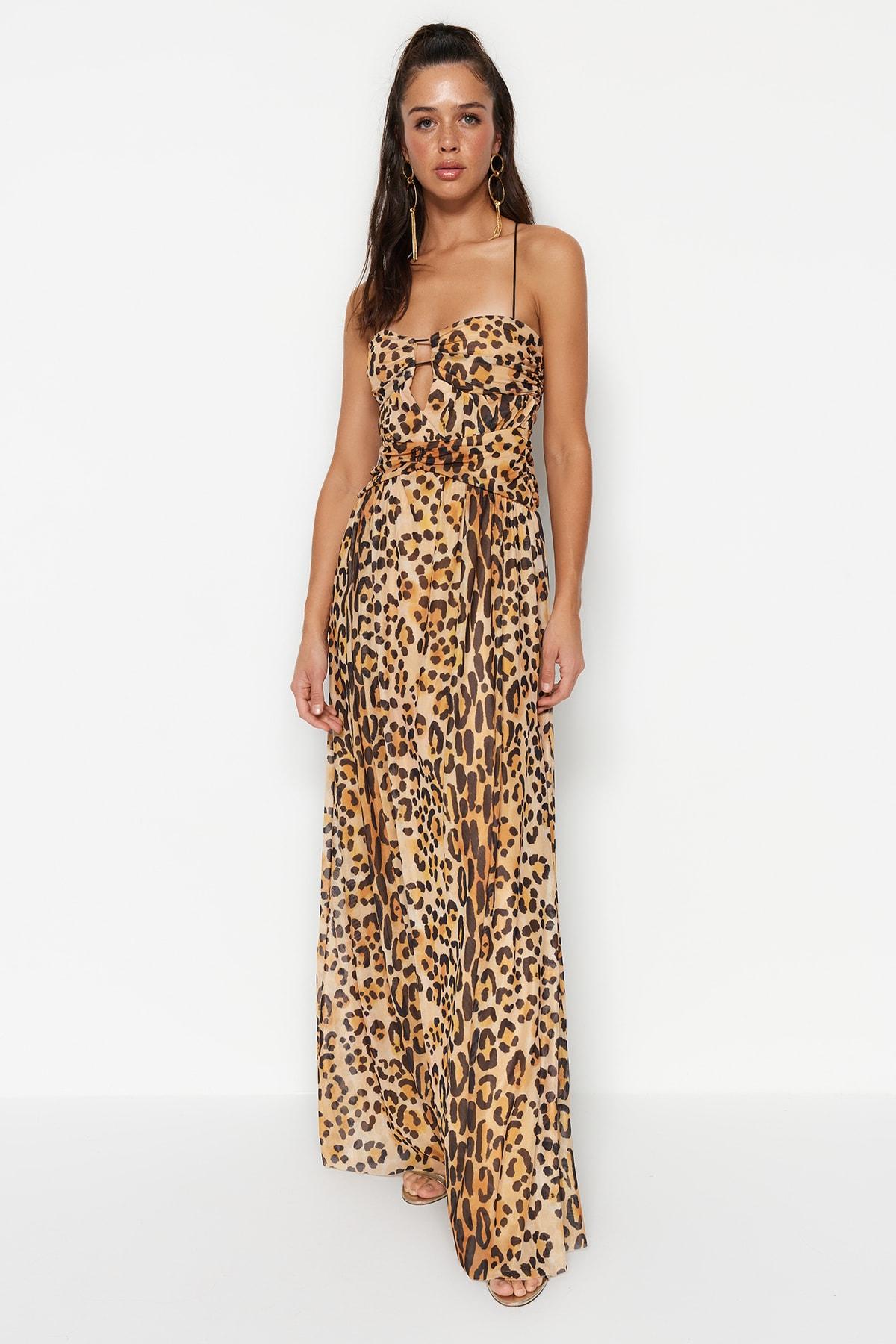 

Коричнево-разноцветное длинное вечернее платье из тюля с вырезами и окнами TPRSS23AE00231..