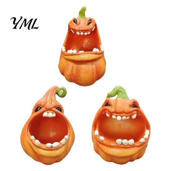 Holiday Desk Ornament Big Mouth Pumpkin Storage Box, Halloween Figurine Resin Jewelry Tray, Candy Holder Trinket Keys for Home Office Decor