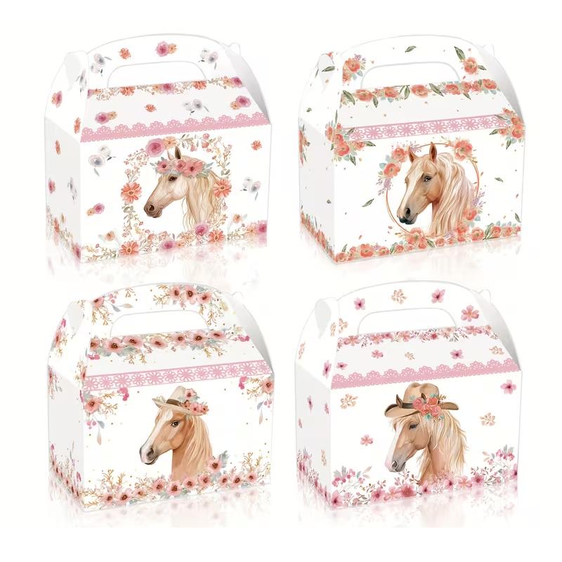 

WTEMPO Floral Printed DIY Foldable Paper Universal Packaging Boxes Horse Party Favors Boxes Western Cowgirl and Farm Party Supplies Goodie Gift Boxes 12pcs рожевий