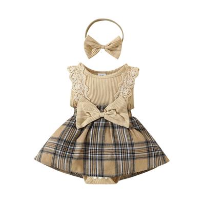 Baby Girls Rompers Dress Lace Fly Sleeve Bowknot Plaid Skirt Hem Infant Bodysuits Summer Clothes with Headband