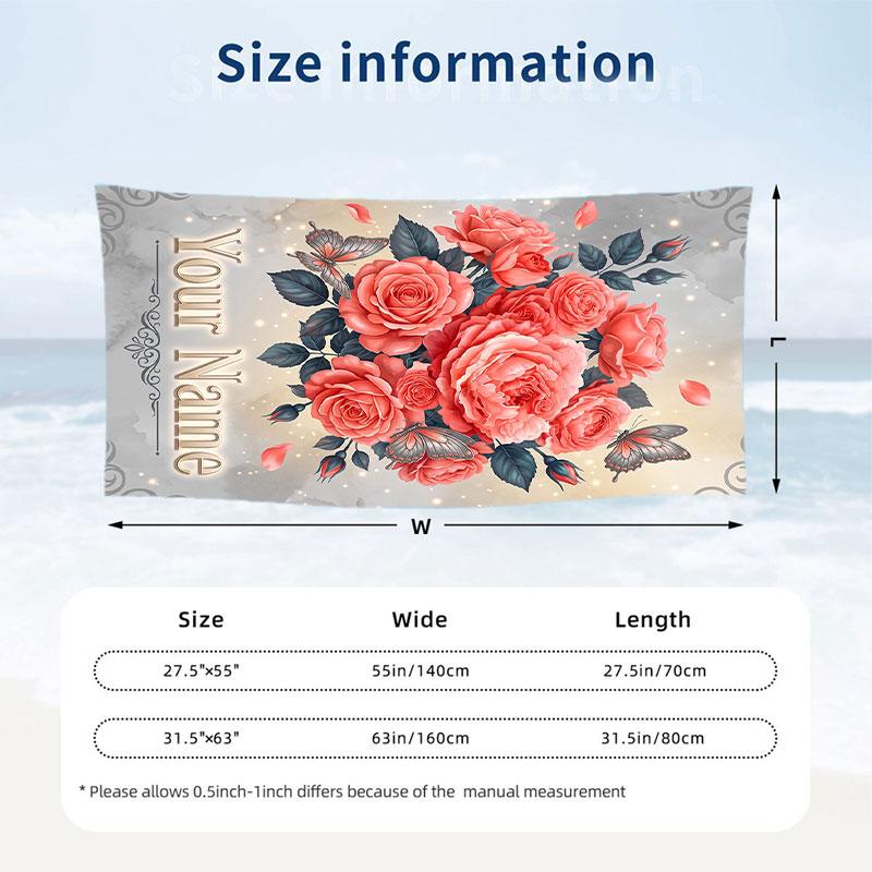 Roses Butterflies Garden Theme Quick Dry Beach Towel Custom Name Text Print Large Sand Resistant Towel Beach Vacation