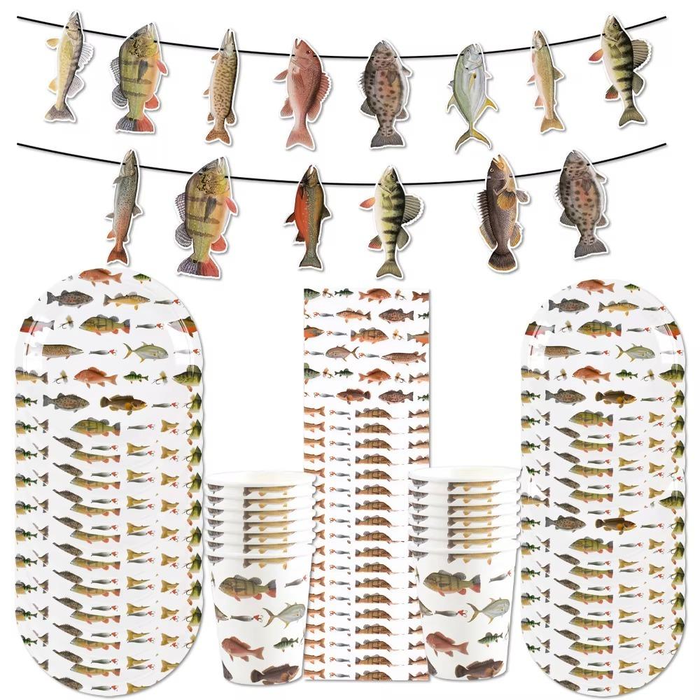 Fishing Themed Party Disposable Tableware Set Paper Plate Cup Napkin Tablecloth Banner Birthday Weedding Party Tableware Supplie