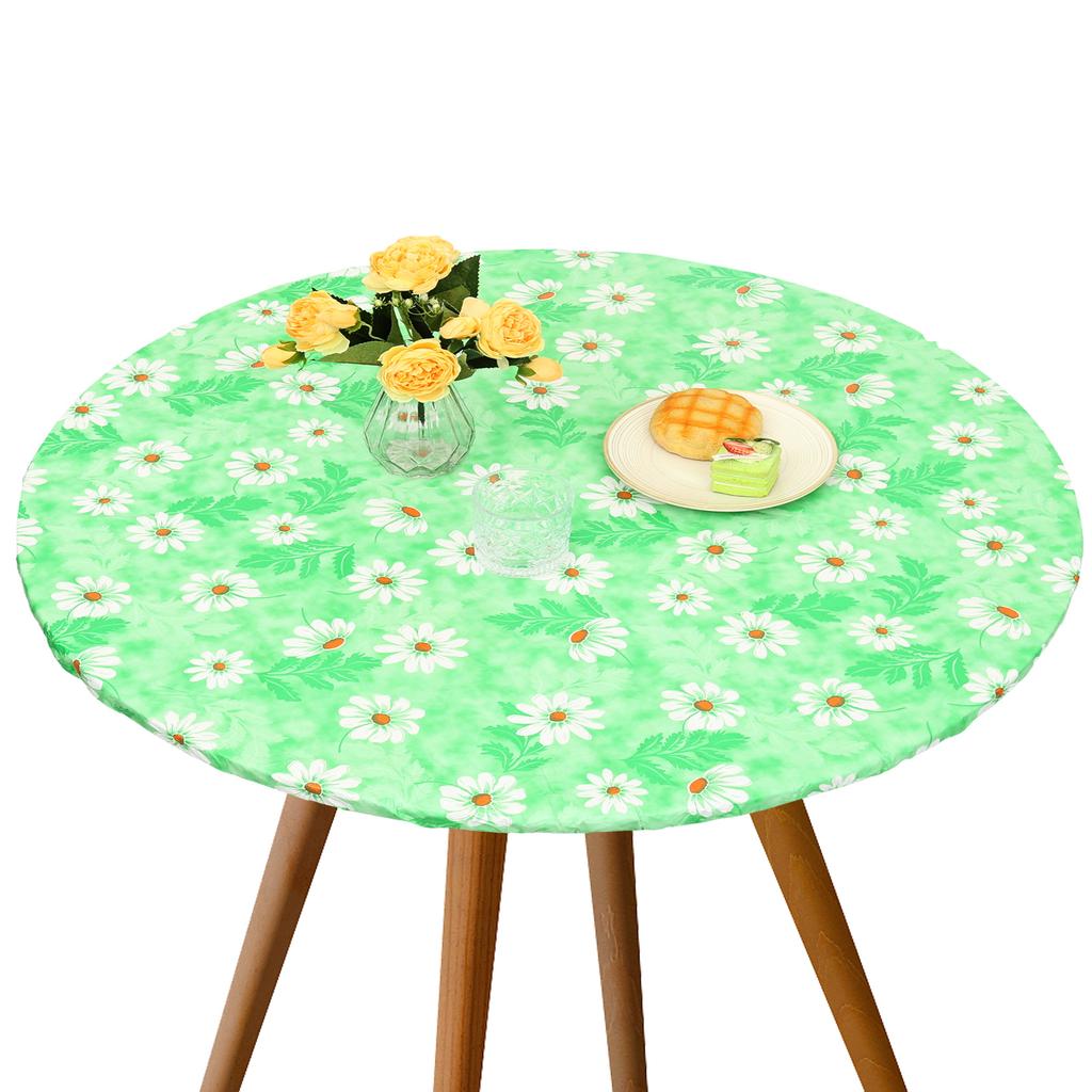 Elastic Round Table Cloth Fitted Flannel Backed Vinyl Tablecloth Waterproof Wipeable Dining Table Covers For Camping