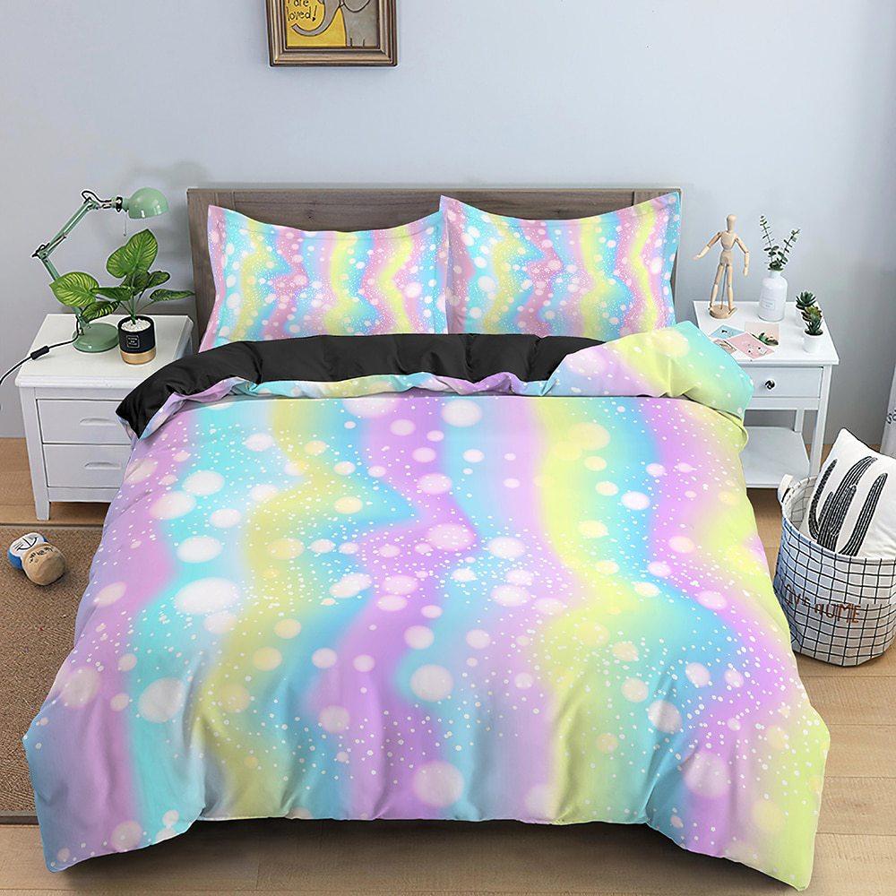 Three-Piece 3D Digital Printing Rainbow Color Striped Quilt Set Three-Piece Bedding
