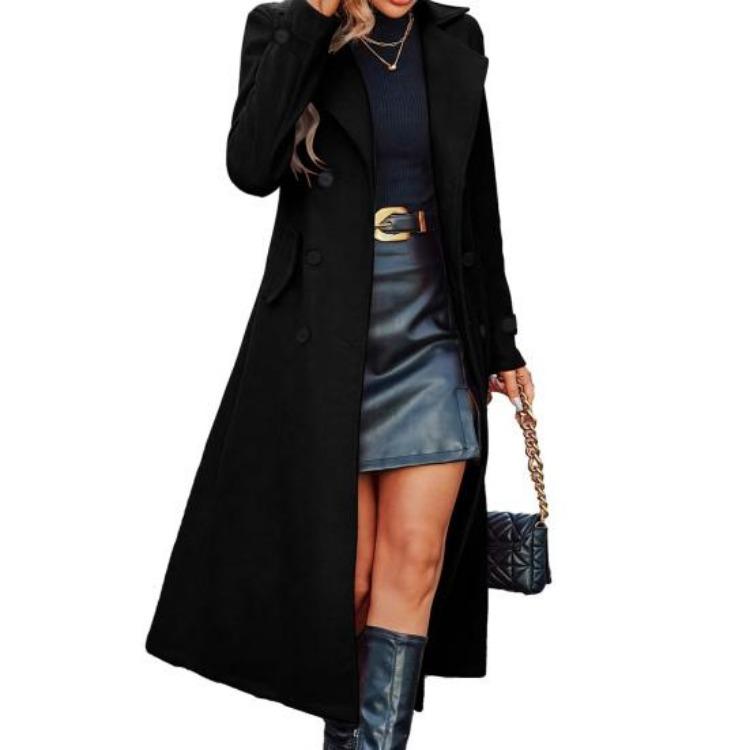 Casaco Peacoat Clássico de Lã com Lapela Notch Longa Casaco Trench Coat Feminino Casual Outono Inverno Sobrecasaco