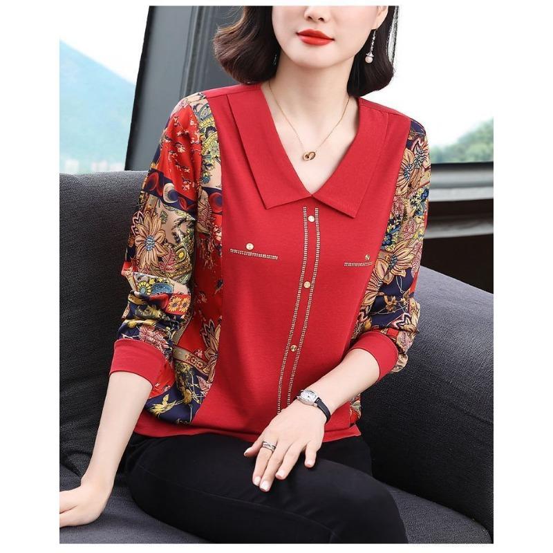 Autumn New Long-sleeved Bottoming T-shirt for Women Thin Large Size Loose and Stylish Age-reducing Lapel Fashion Top