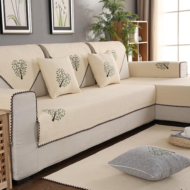 Four Seasons Non-Slip Embroidered Sofa Cushion Cotton Fabric Living Room Universal Linen Thickened Modern Simple Solid Color Sofa Towel