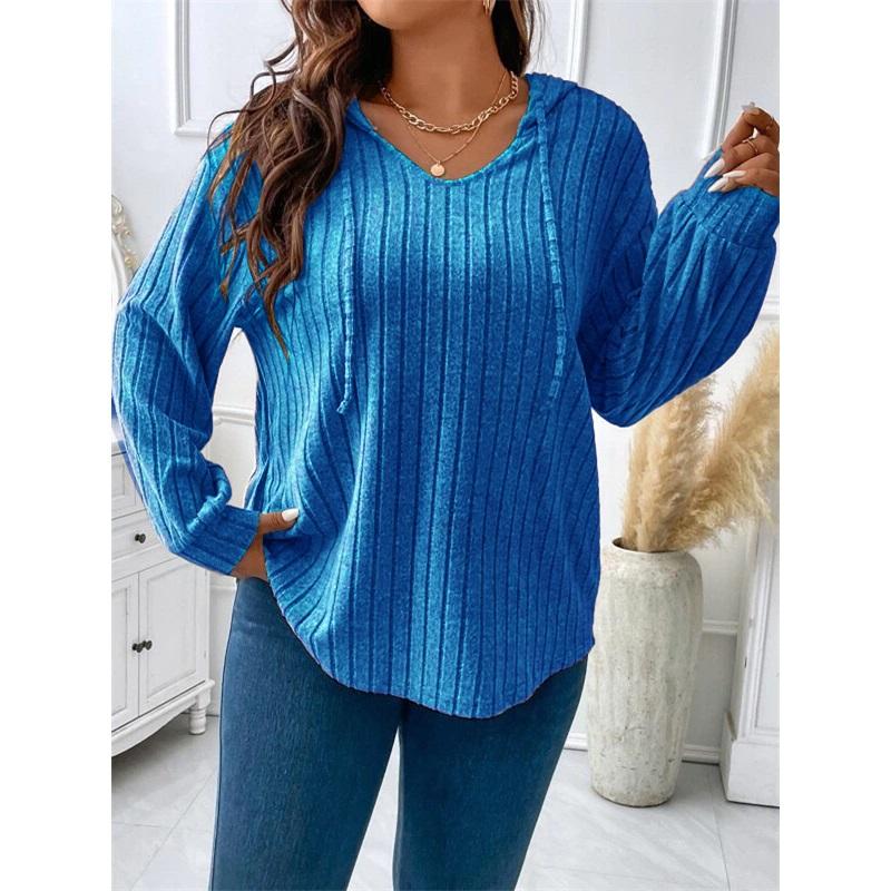 Pullover Women's Solid Color Large Size Comfortable Blouse V-neck Hooded Long-sleeved Pit Strip Brushed T-shirt Loose And Casual