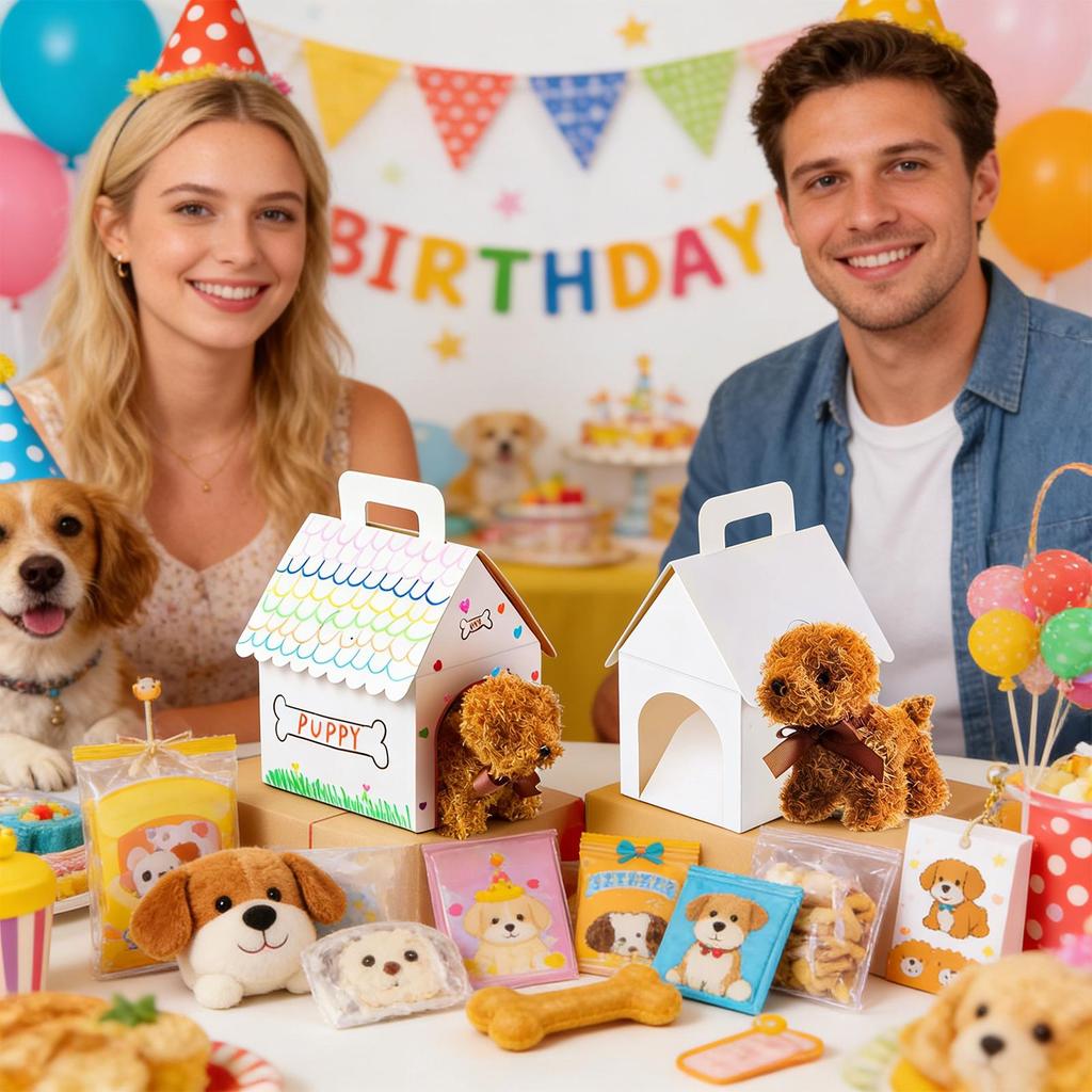 12Pcs Foldable Dog Party Favors Boxes With Handles Dog House Shaped Treat Gift Boxes Holes For DIY Toys Crafts Holiday Birthday