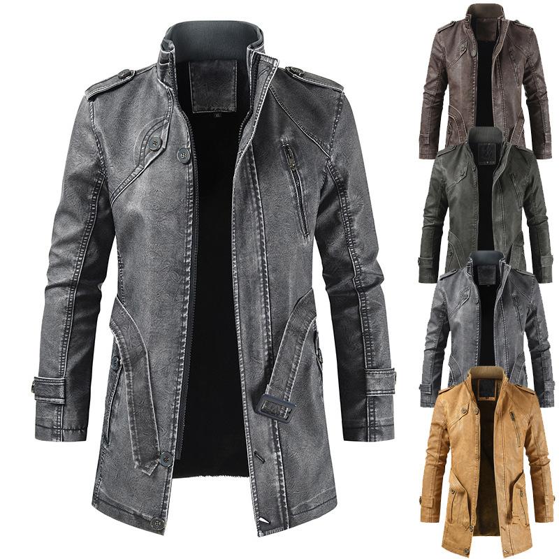 Herbst und Winter Neue Herren Mittellange Casual Fashion PU Leder Kragen Schlank Trenchcoat