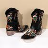 Klumpete Hæl Spiss Tå Dame Boots Retro Medium Hæl Yttertøy Broderi Bred Legg Over Kneet Støvler for Kvinner Skinn