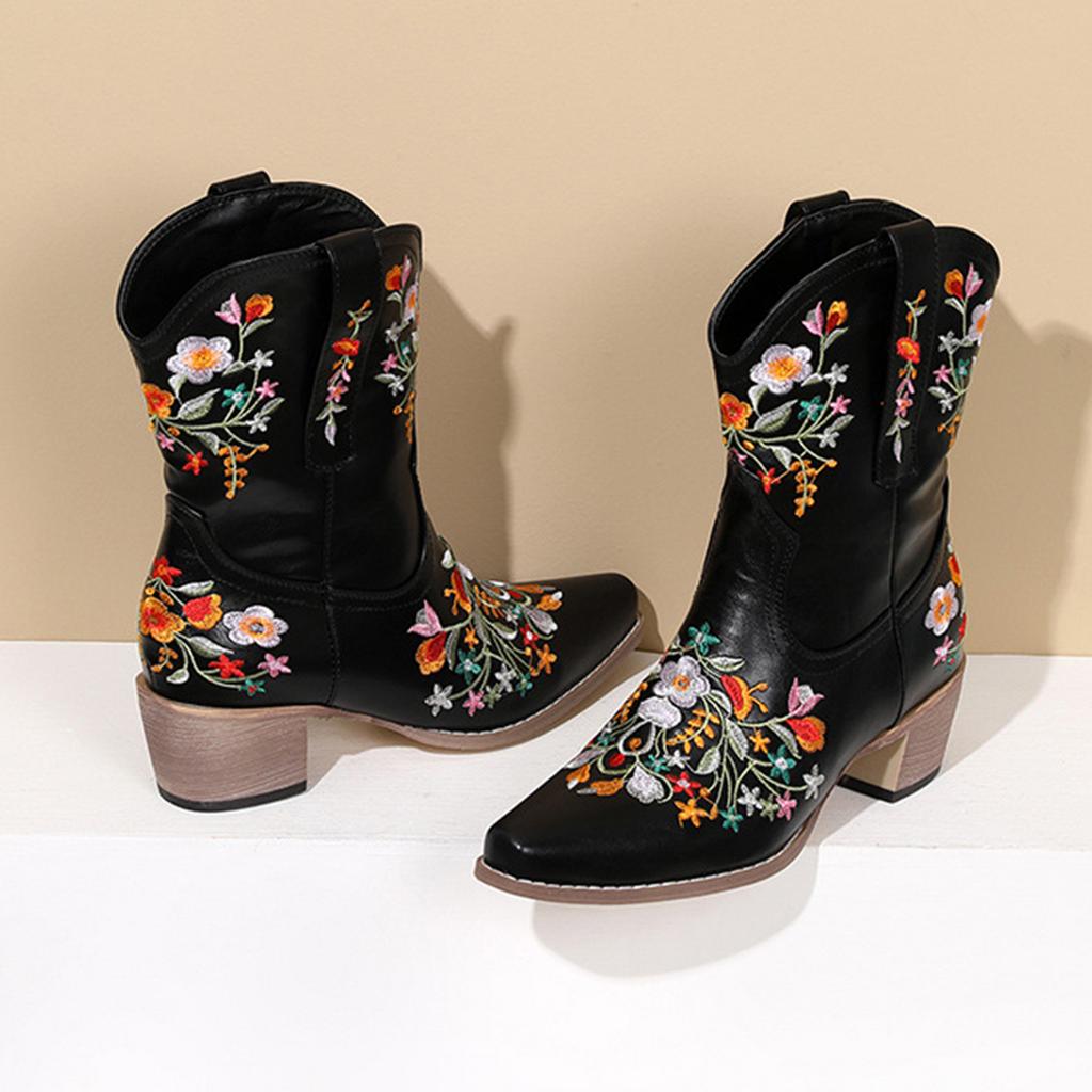Klumpete Hæl Spiss Tå Dame Boots Retro Medium Hæl Yttertøy Broderi Bred Legg Over Kneet Støvler for Kvinner Skinn