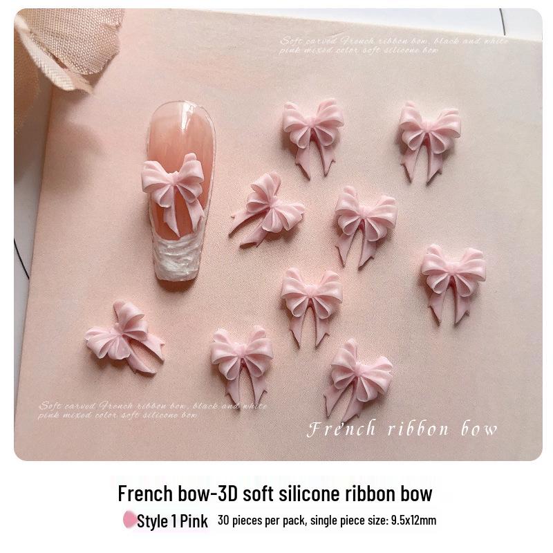 

3D Soft Silicone Ribbon Bow Nail Art Decorations - Black, White, Pink Macaron Colors with Rhinestone Accents