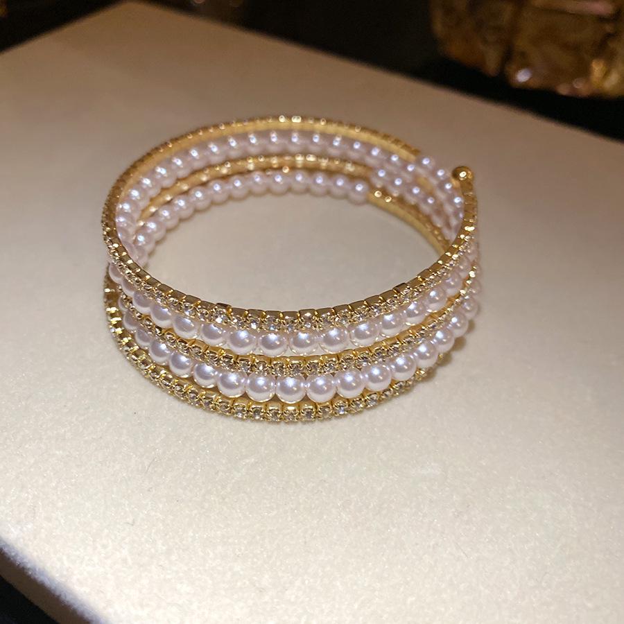 Iridescent Pearl and Diamond Multi-Layer Open Cuff Bracelet - Exquisite European and American Design