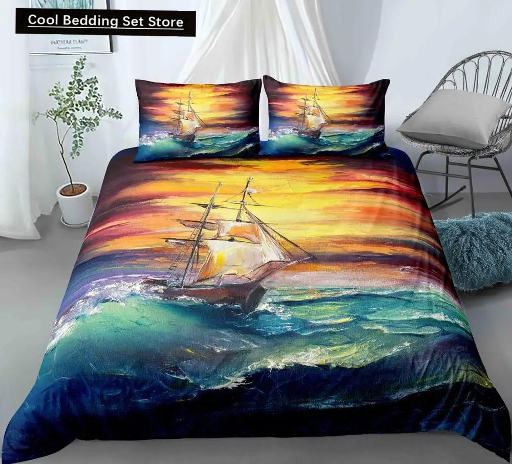 Comforter Oil Painting Landscape King Queen Natural Scenery Bedding Set Teen Adult Floral Ocean Building Polyester