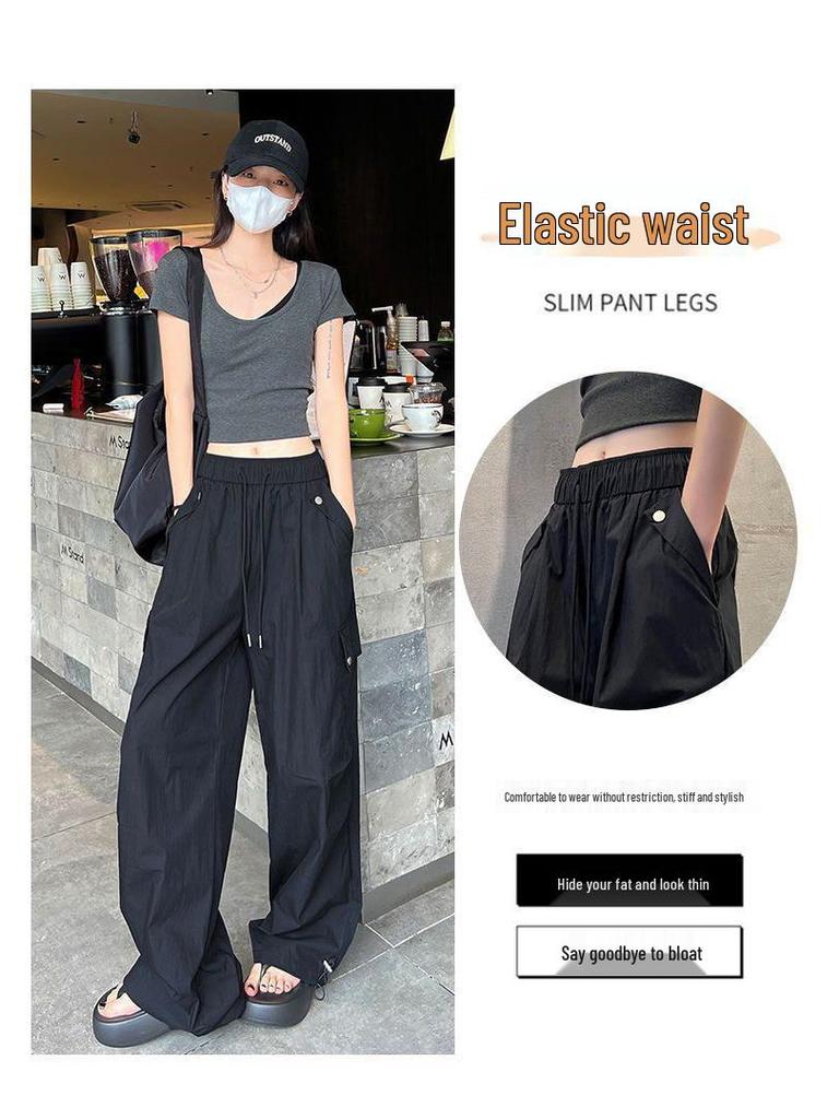 Women's American Spicy Girl Cargo Drawstring Wide Leg Casual Pants - Spring Loose Straight Leg Floor-Length Trousers
