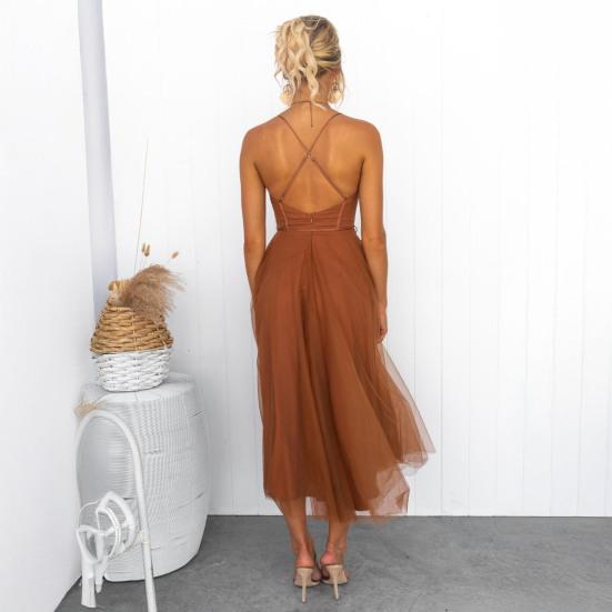 Damen Mesh Swing Cocktailkleid Ärmellos Spaghetti-Träger A-Linie Tüllkleid Formelles Hochzeitsgastkleid