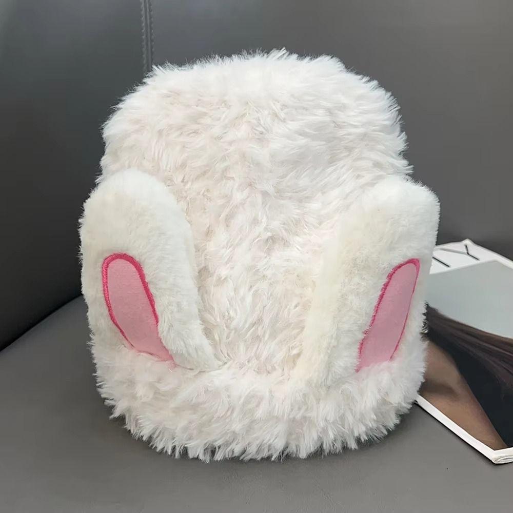 Fluffy Rabbit Ear Beanies Solid Color Winter Outdoor Warm Cap Lightweight Knitted Plush Hat  Women