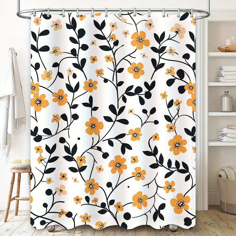 Modern Bathroom Shower Curtain with Orange Floral Design Waterproof Fabric for Home Decor in White Black (Size180x240cm)