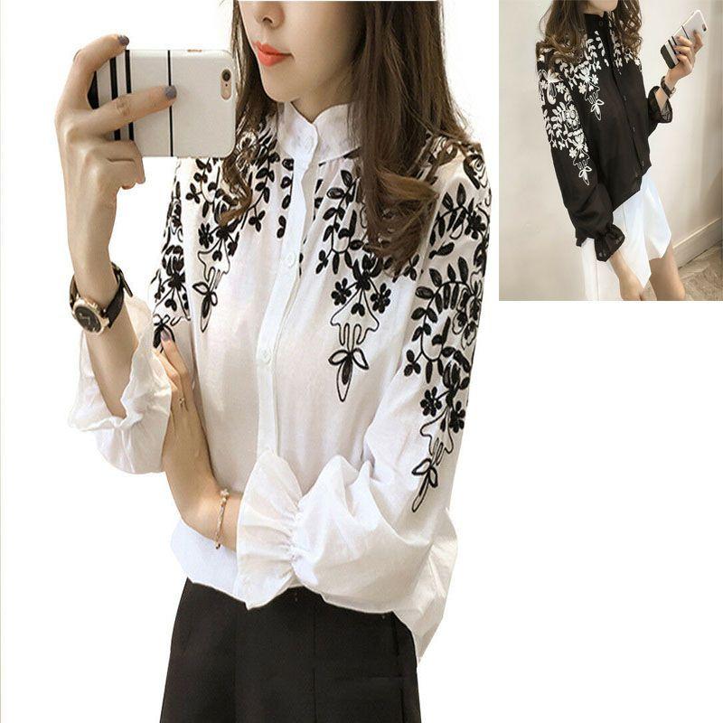 Female Long Women Sleeve Embroidery Blouse Shirt Korean Flower Tops Shirt Fresh