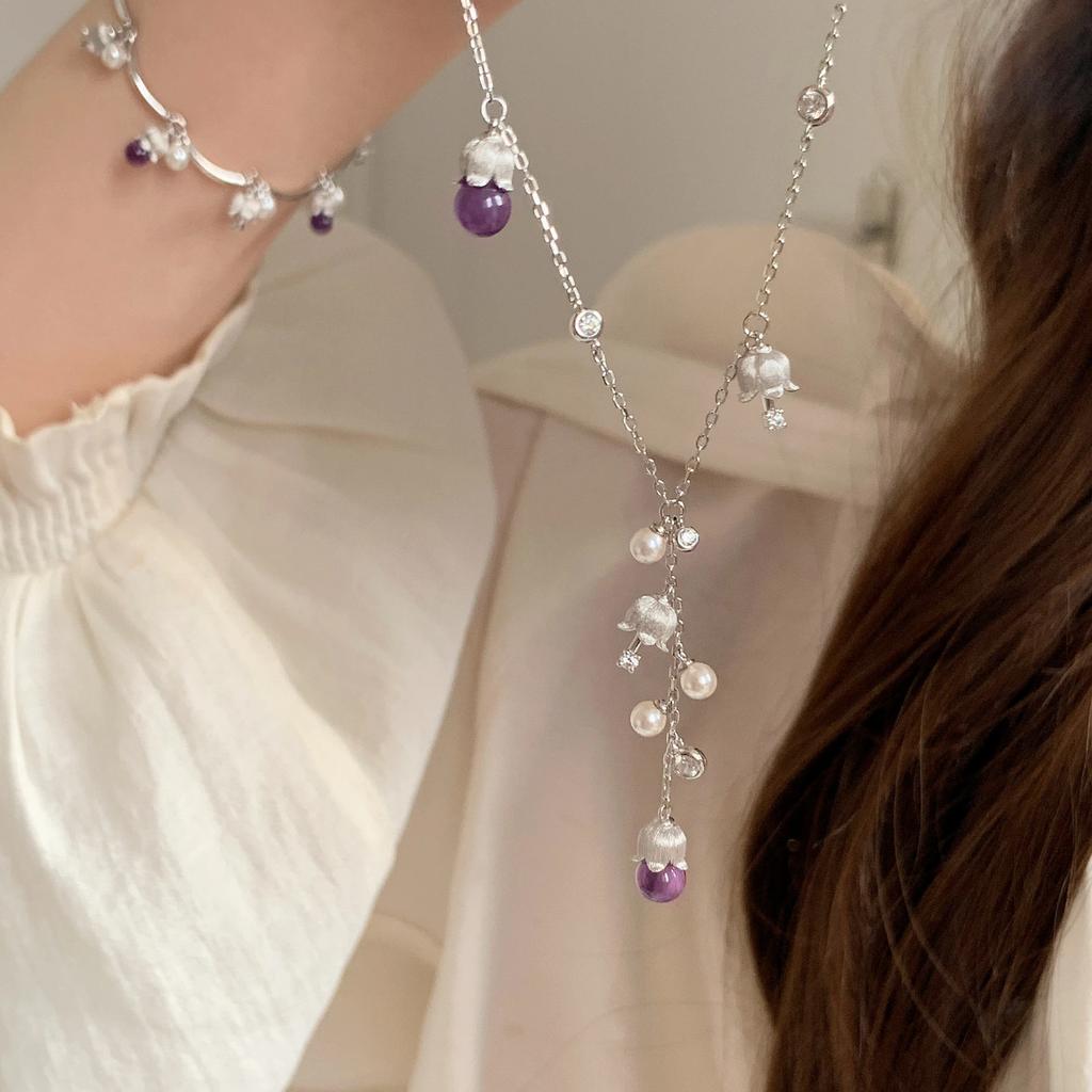 Exquis cristal violet muguet pompon brossé chaîne en Y colliers longs accessoire perle onirique cadeaux