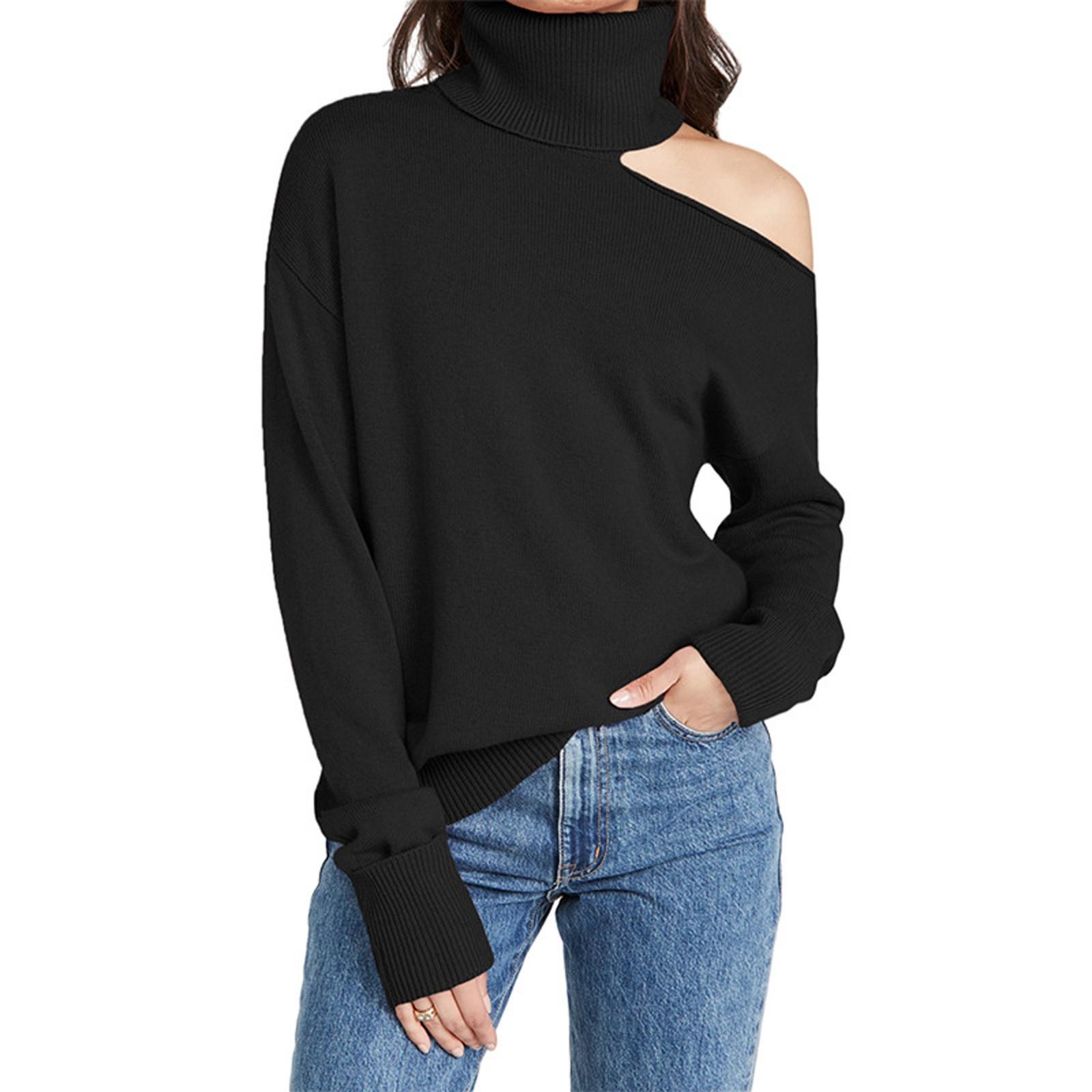 Women Leisure Time Long Sleeve Sweater Two Lapels Leaky Shoulder Sexy Sweater M чёрный