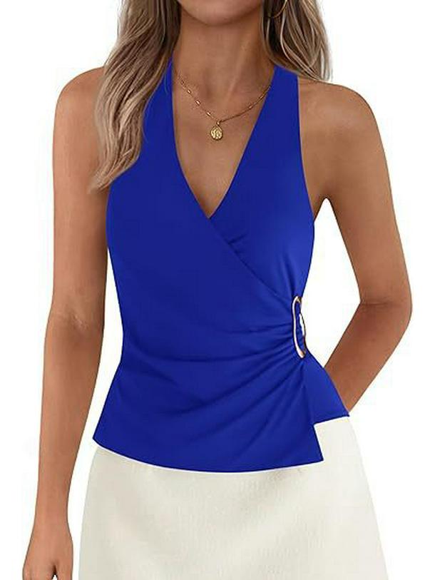 European & American Women's Sleeveless V-neck Halter Backless Top - Solid Color, Sexy Summer Style