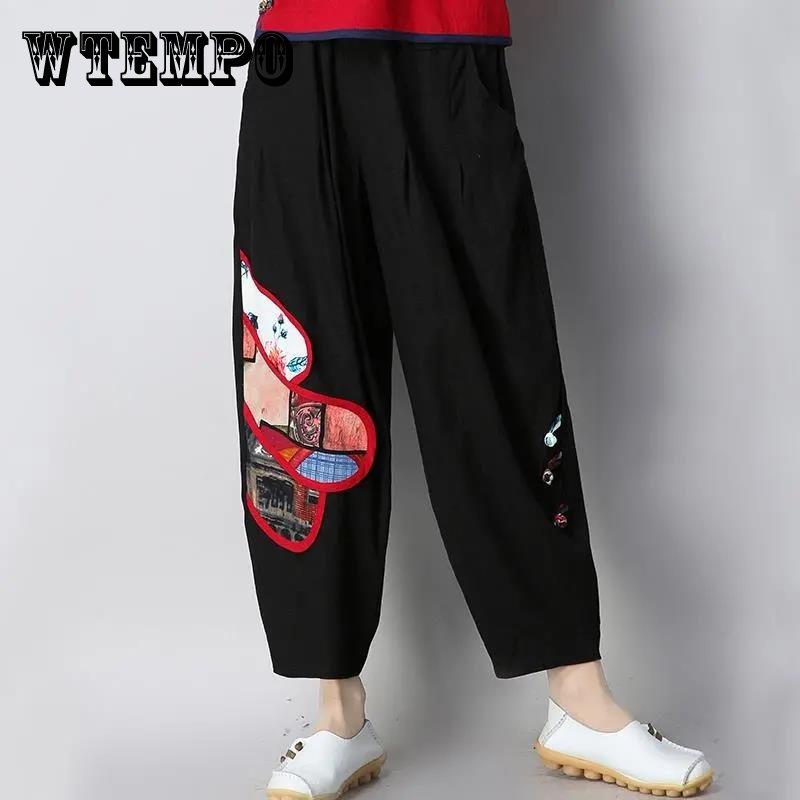 

Брюки с девятью точками, широкие брюки, женские хлопковые и льняные брюки с принтом в этническом стиле, свободные брюки до бедра в стиле ретро, ​​повседневные брюки