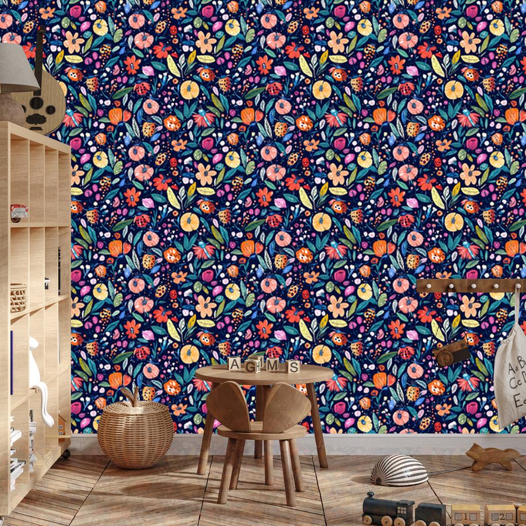 Ladybugs Wallpaper Navy Blue for Living Room and Bedroom 50x1000